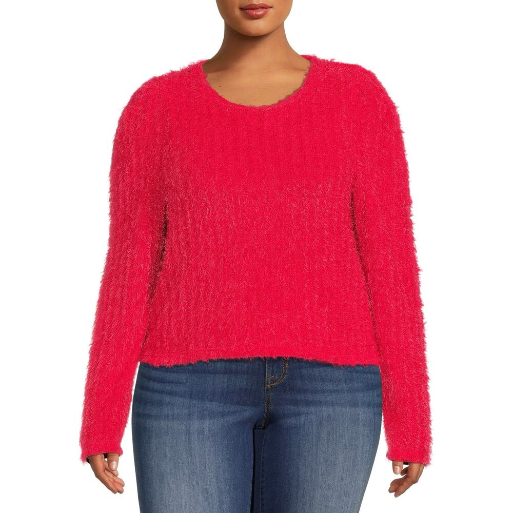 LoveTrend New York Women's Red Feathered Yarn Puff Sleeve Crop Sweater | Size 1X